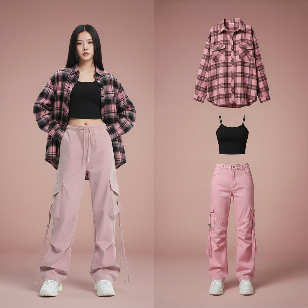Plaid Shirt Sling Vest and Cargo Pants 3-Piece Set back