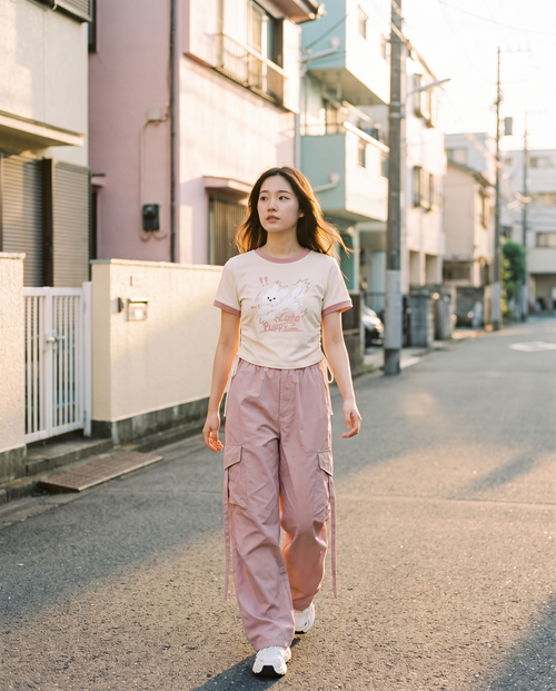 Model wearing the puppy tee and pink cargo pants set on the street