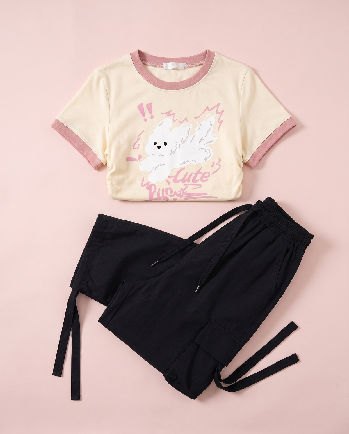 Kawaii Cargo Pants & Tee Matching Set Puppy, Rabbit & Star