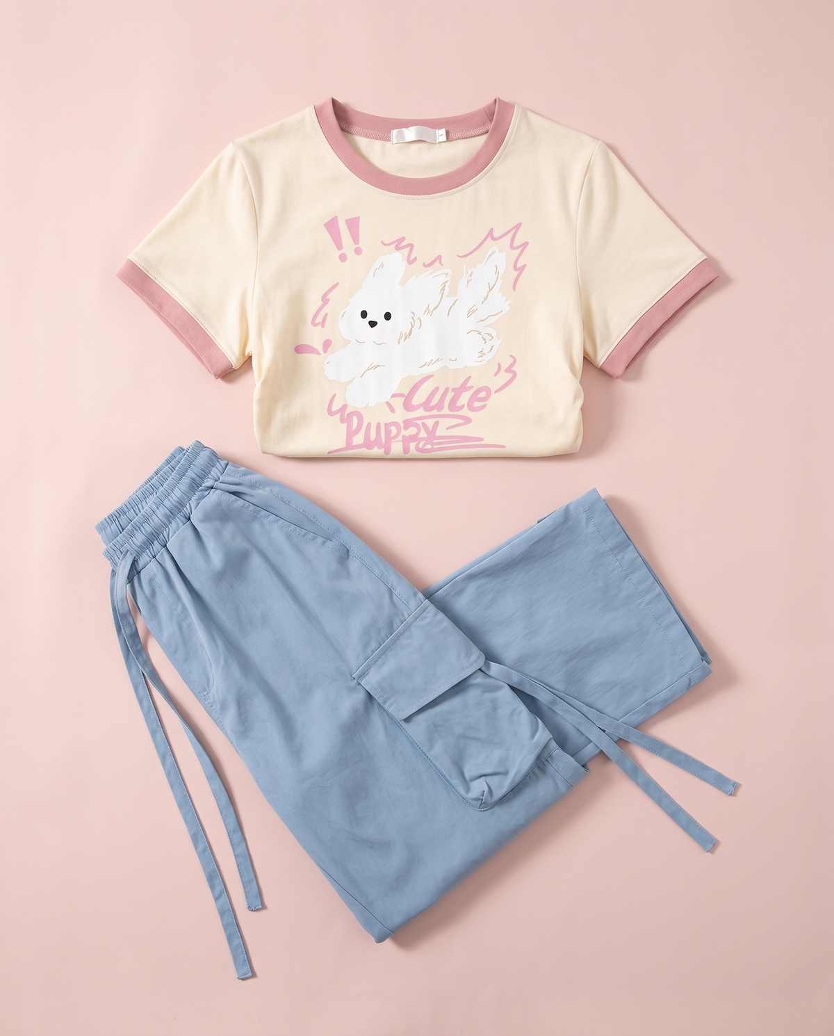 Kawaii Cargo Pants & Tee Matching Set Puppy, Rabbit & Star
