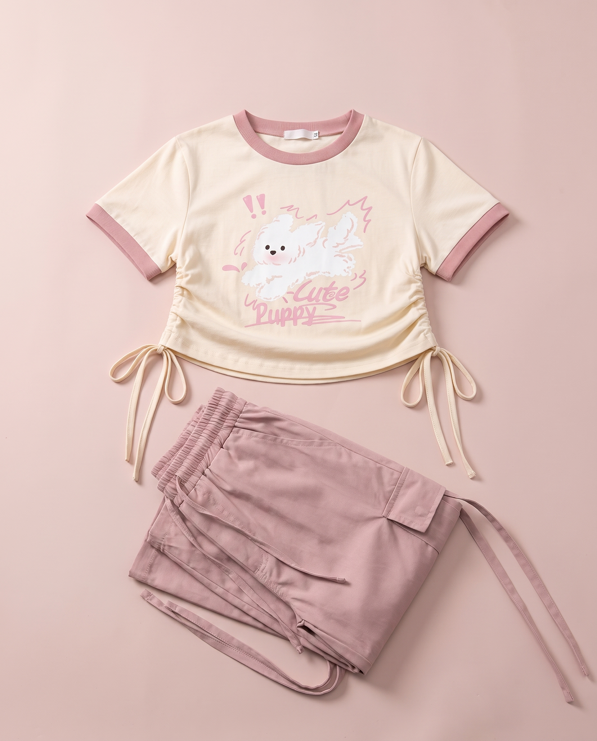 Puppy tee and pink cargo pants matching set - full outfit