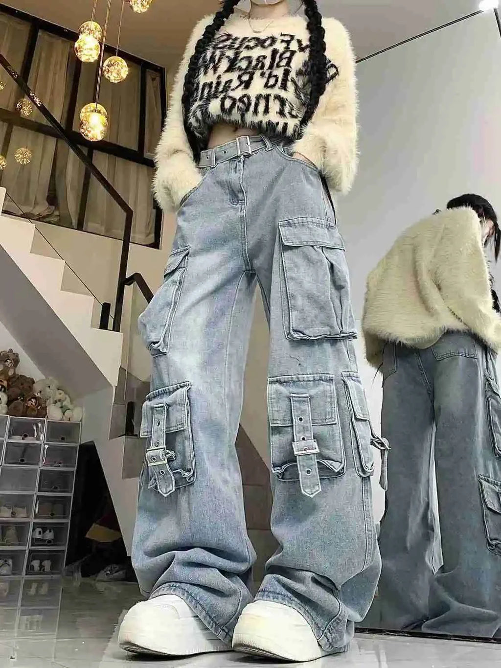High Waist Cargo Jeans for Women