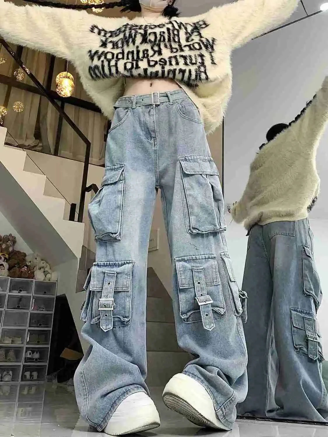 High Waist Cargo Jeans for Women
