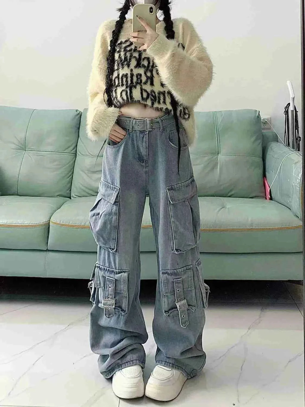 High Waist Cargo Jeans for Women