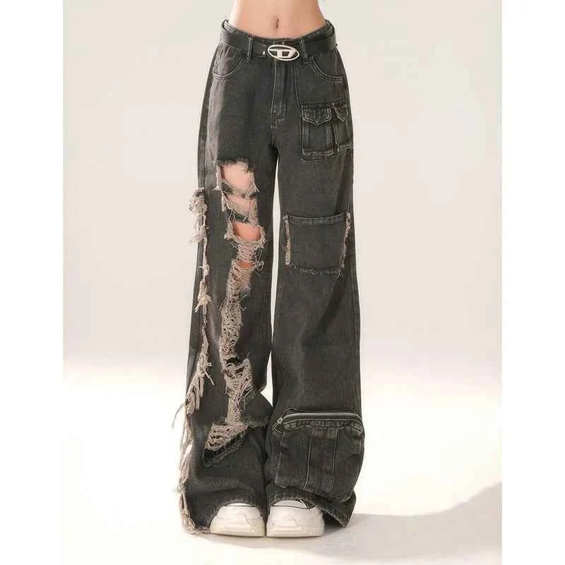 Vusy Kawai Shop High Waist Ripped Black Jeans for Women