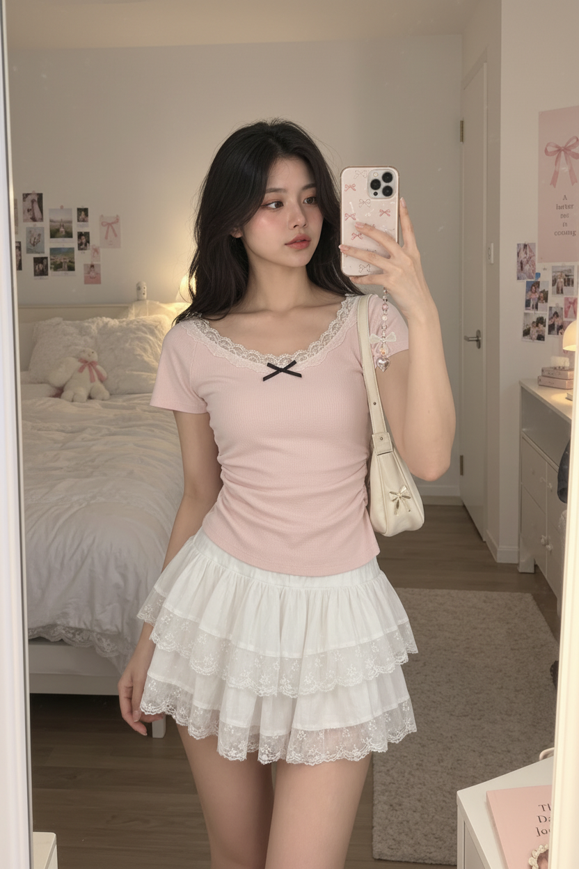 Young Asian woman wearing a pale pink bowknot top and white layered ruffle skirt in a natural bedroom mirror selfie