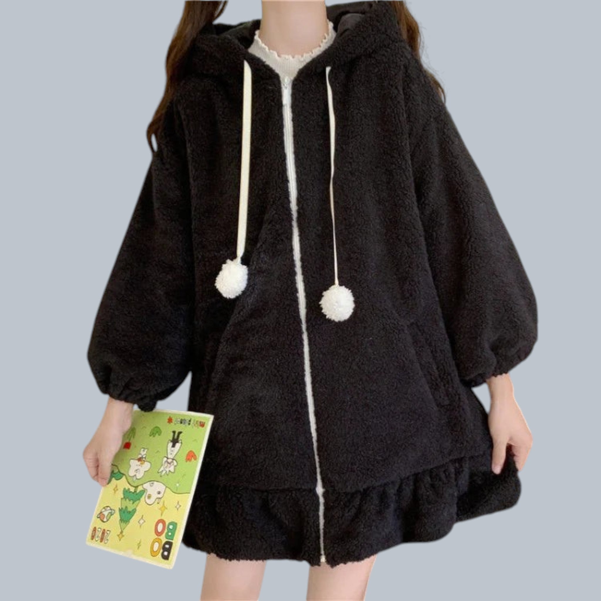 Japanese cute rabbit ear hoodie for women in black fluffy fabric with pom pom drawstrings and ruffled hem