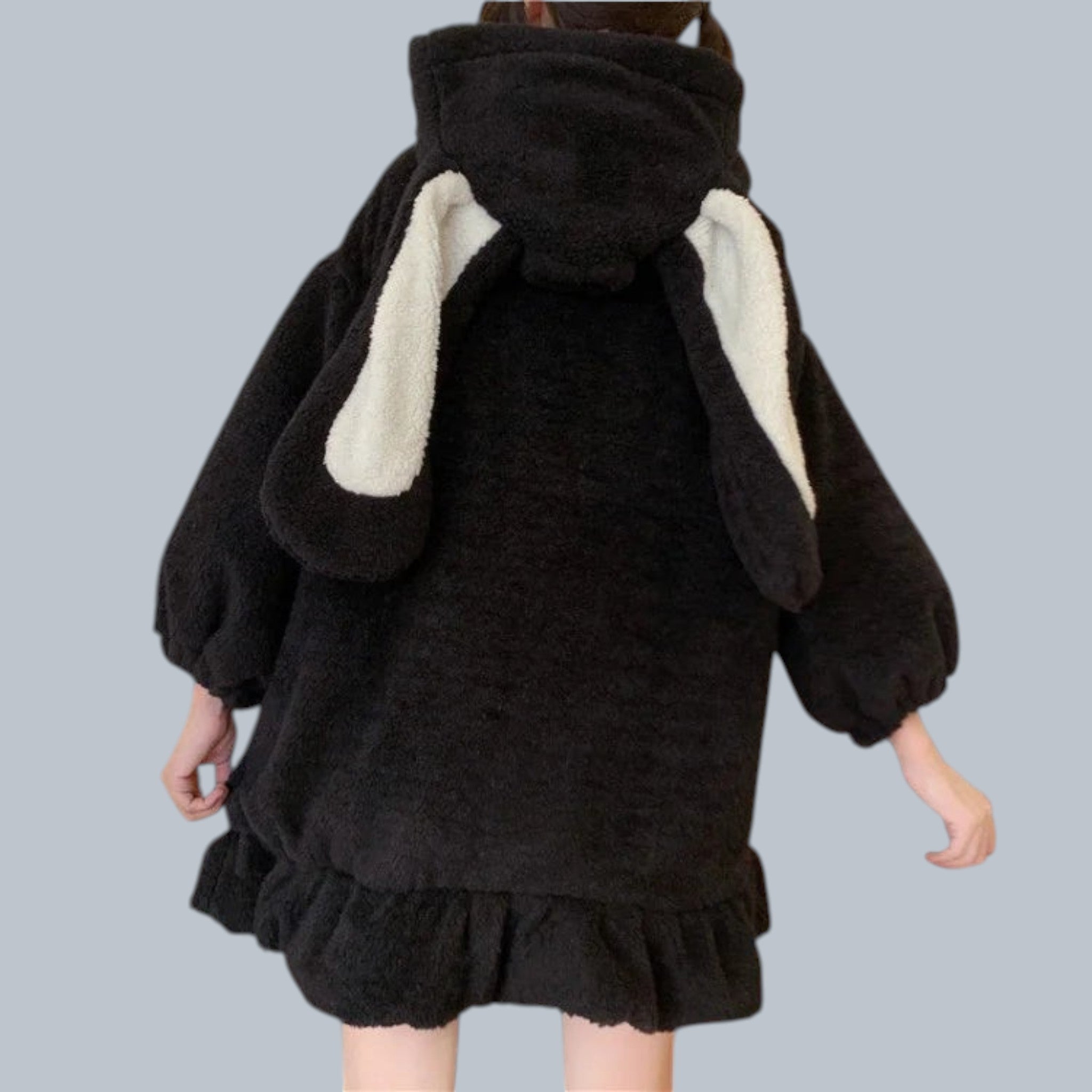 Black fluffy japanese cute rabbit ear hoodie for women with white inner ears and ruffled hem