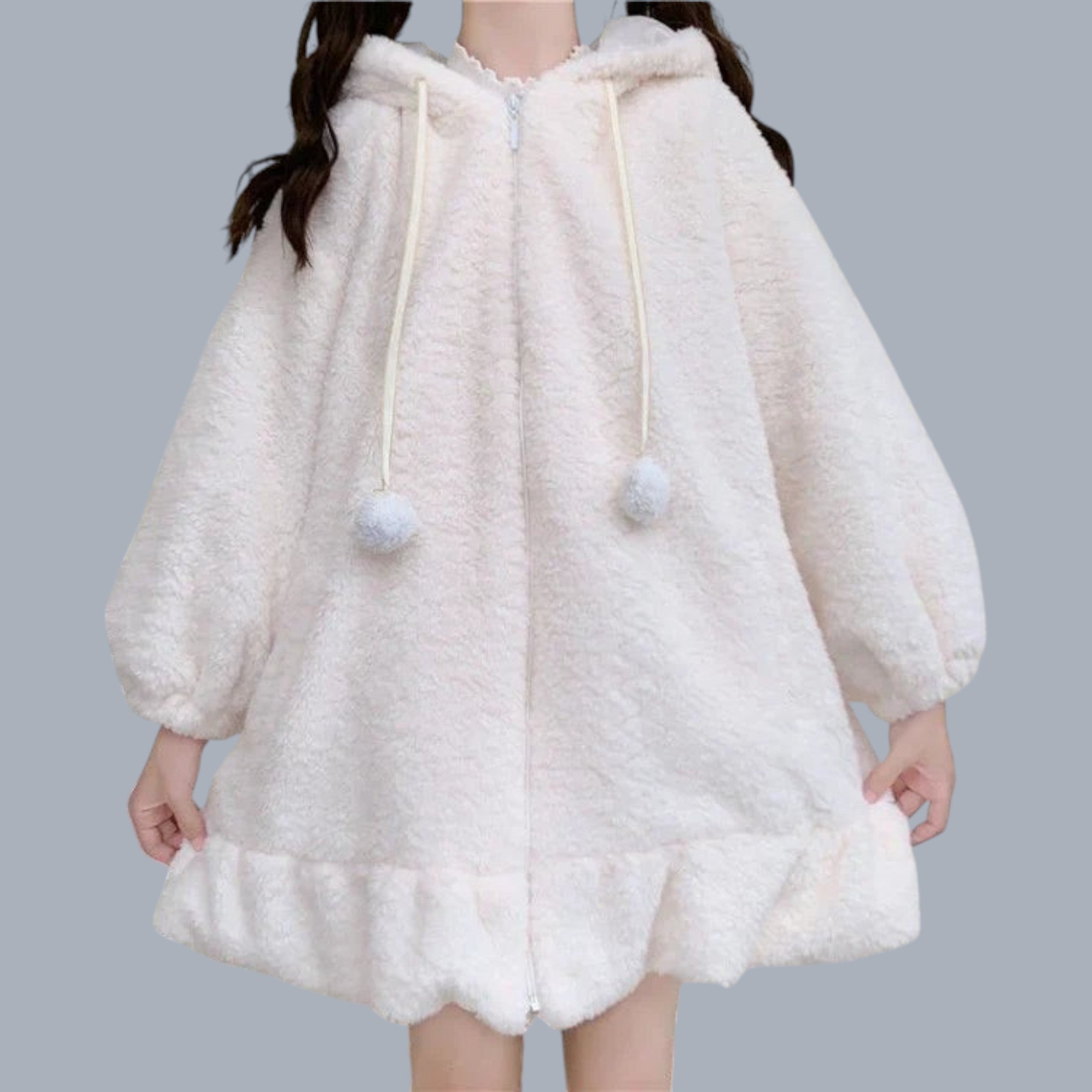 Japanese cute rabbit ear hoodie for women in soft white plush fabric with pom pom drawstrings