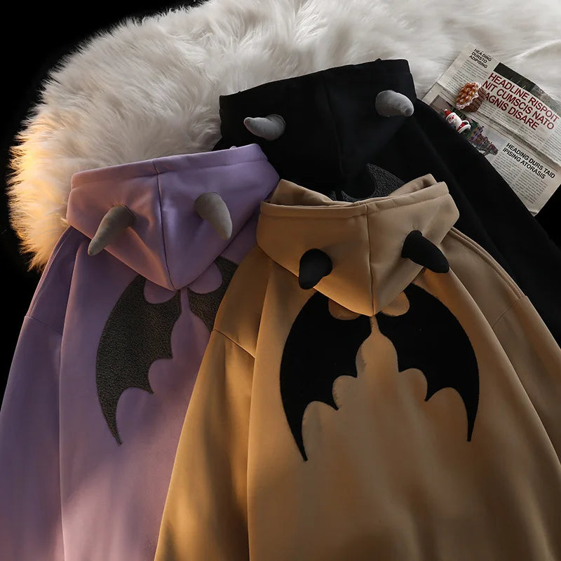 Vusy Kawai Shop japanese devil anime hoodie for couples in purple black and brown with horn and wing designs