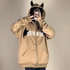 Japanese devil anime hoodie for couples in tan with black horns and bat wings design on front