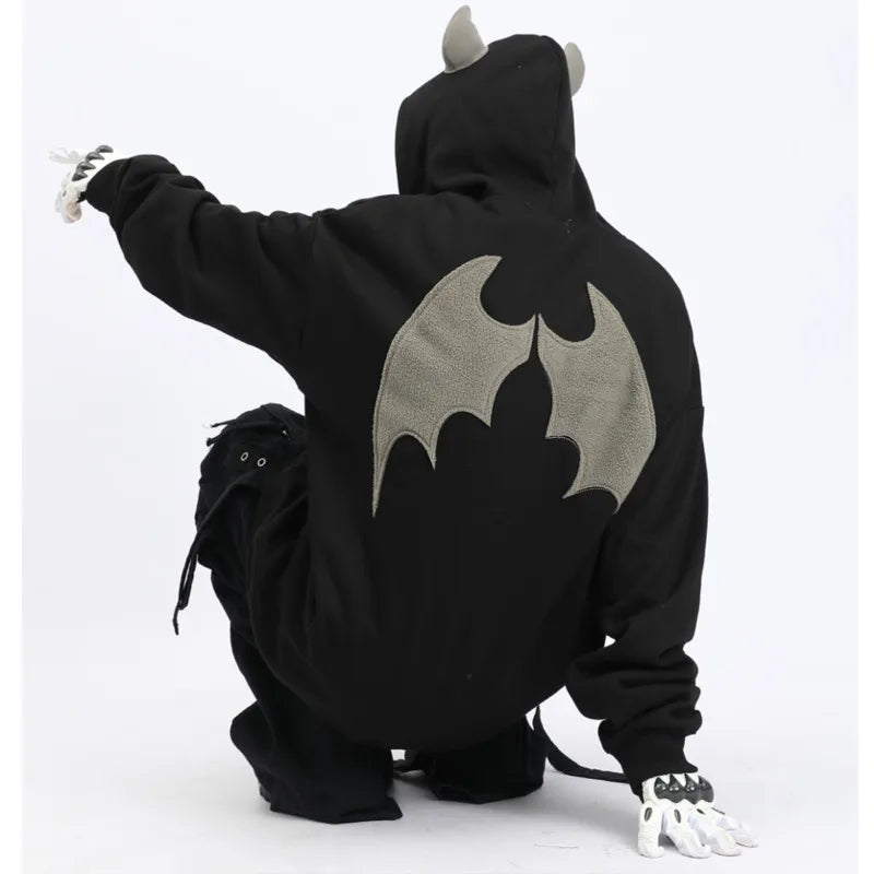 Black japanese devil anime hoodie for couples with gray devil wings and horn details on hood