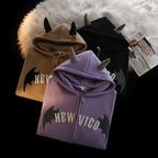 Japanese devil anime hoodie for couples in purple black and brown with devil horn details and bat wing designs