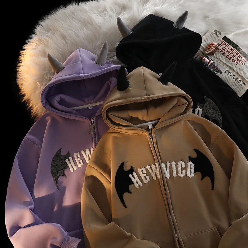 Japanese devil anime hoodie for couples in black beige and purple with horn details and wing designs