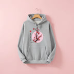 Gray hoodie featuring a Japanese flower graphic sweatshirt design with red blossoms and Japanese text