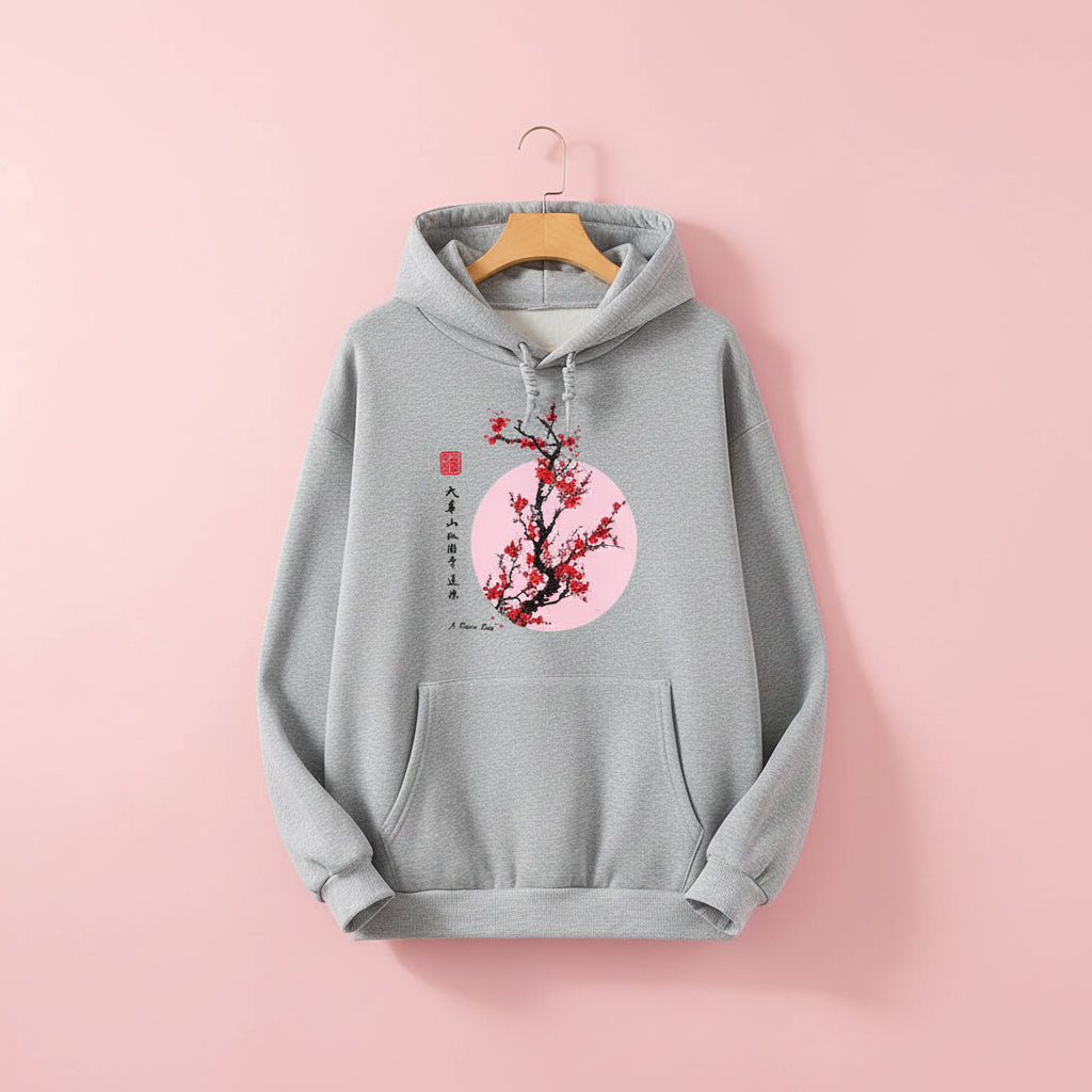 Gray hoodie featuring a Japanese flower graphic sweatshirt design with red blossoms and Japanese text