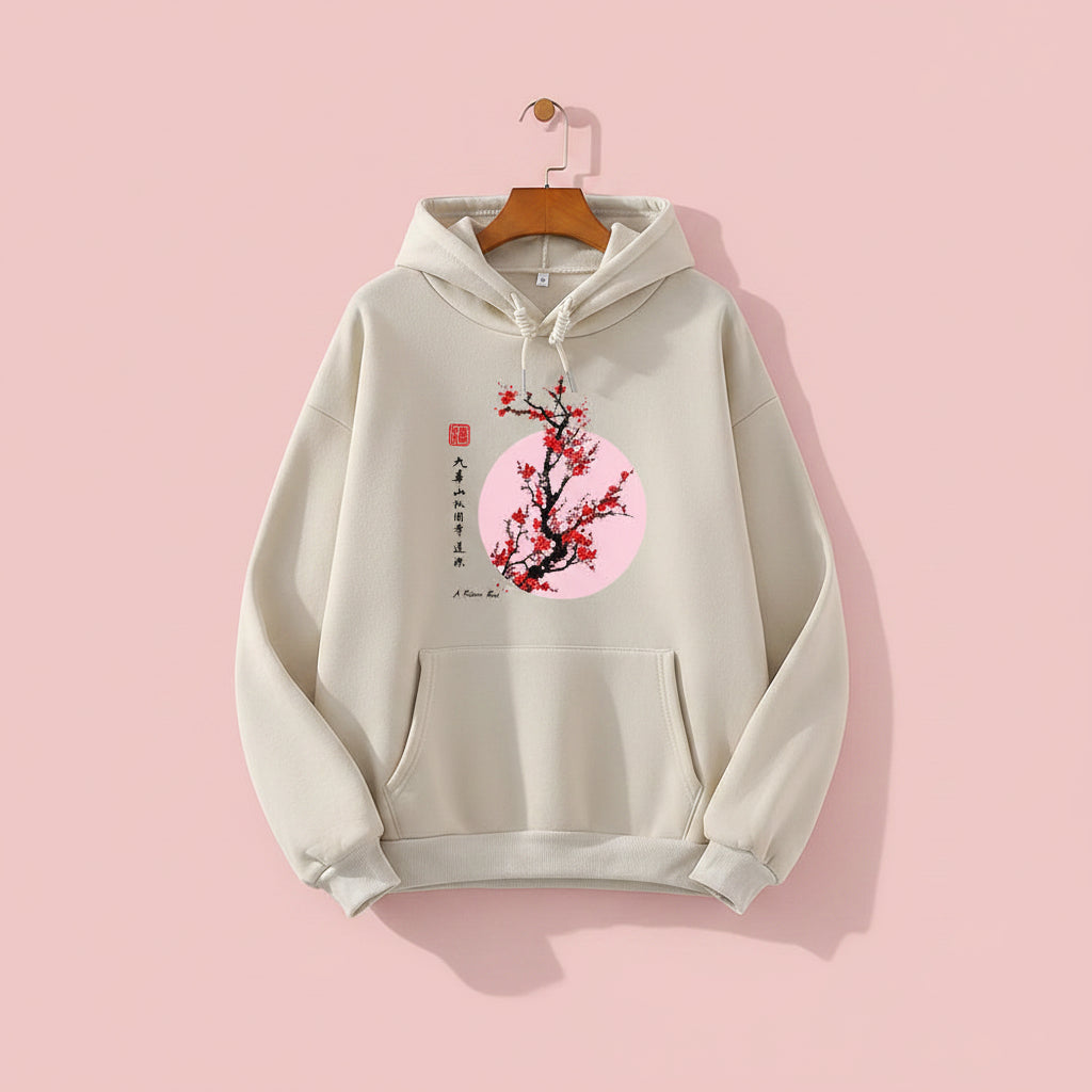 Beige Japanese flower graphic sweatshirt with cherry blossom design and hood from Vusy Kawai Shop