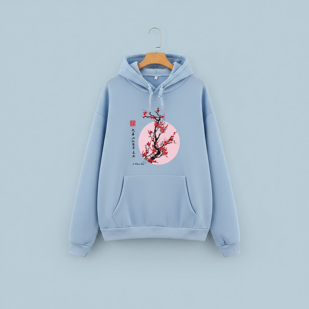 Light blue hoodie with Japanese flower graphic sweatshirt featuring red blossom design on front