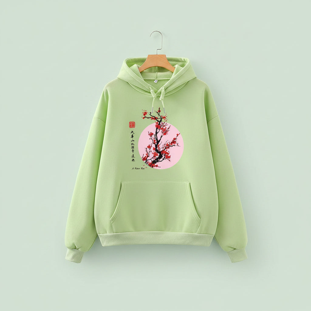 Light green Japanese flower graphic sweatshirt with cherry blossom design and front pocket