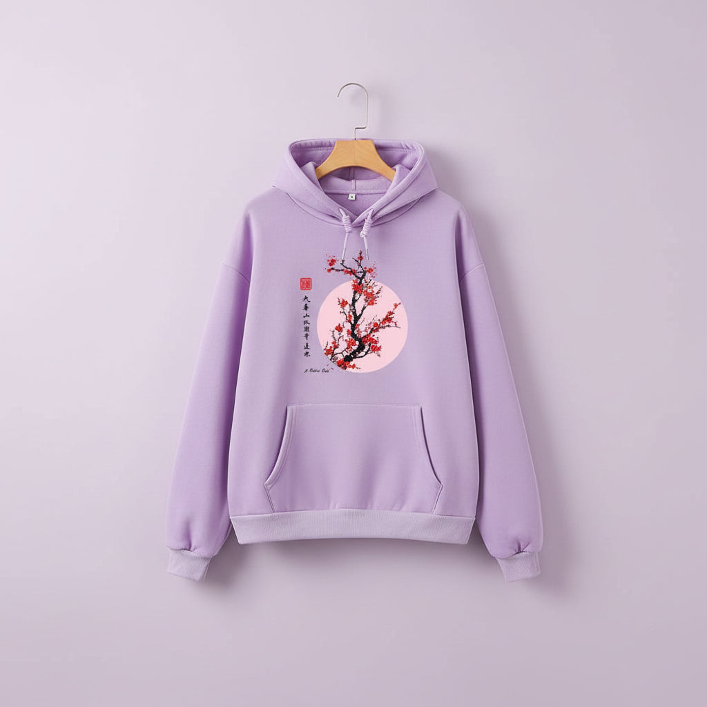 Lavender Japanese flower graphic sweatshirt with cherry blossom design and front pocket