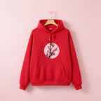 Red Japanese flower graphic sweatshirt with cherry blossom design and front pocket