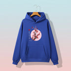 Blue Japanese flower graphic sweatshirt with red and black cherry blossom design on front