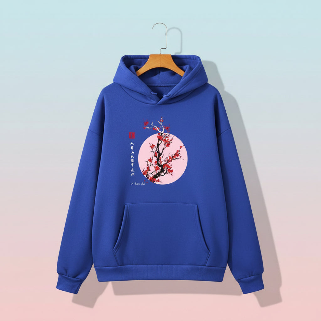 Blue Japanese flower graphic sweatshirt with red and black cherry blossom design on front
