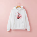 White Japanese flower graphic sweatshirt with red cherry blossom design and black calligraphy text