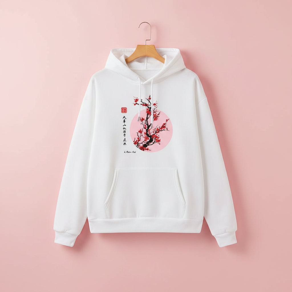 White Japanese flower graphic sweatshirt with red cherry blossom design and black calligraphy text