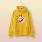 Yellow hoodie with Japanese flower graphic sweatshirt design featuring cherry blossoms and calligraphy