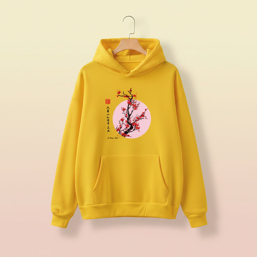 Yellow hoodie with Japanese flower graphic sweatshirt design featuring cherry blossoms and calligraphy