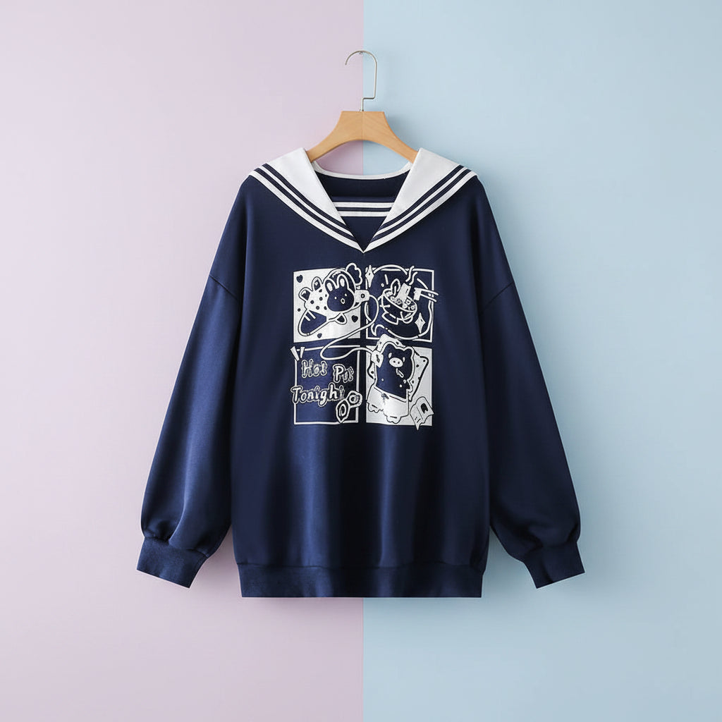 Navy blue Japanese preppy style casual sweatshirt with sailor collar and cute graphic print