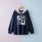 Navy blue Japanese preppy style casual sweatshirt with sailor collar and cute graphic print