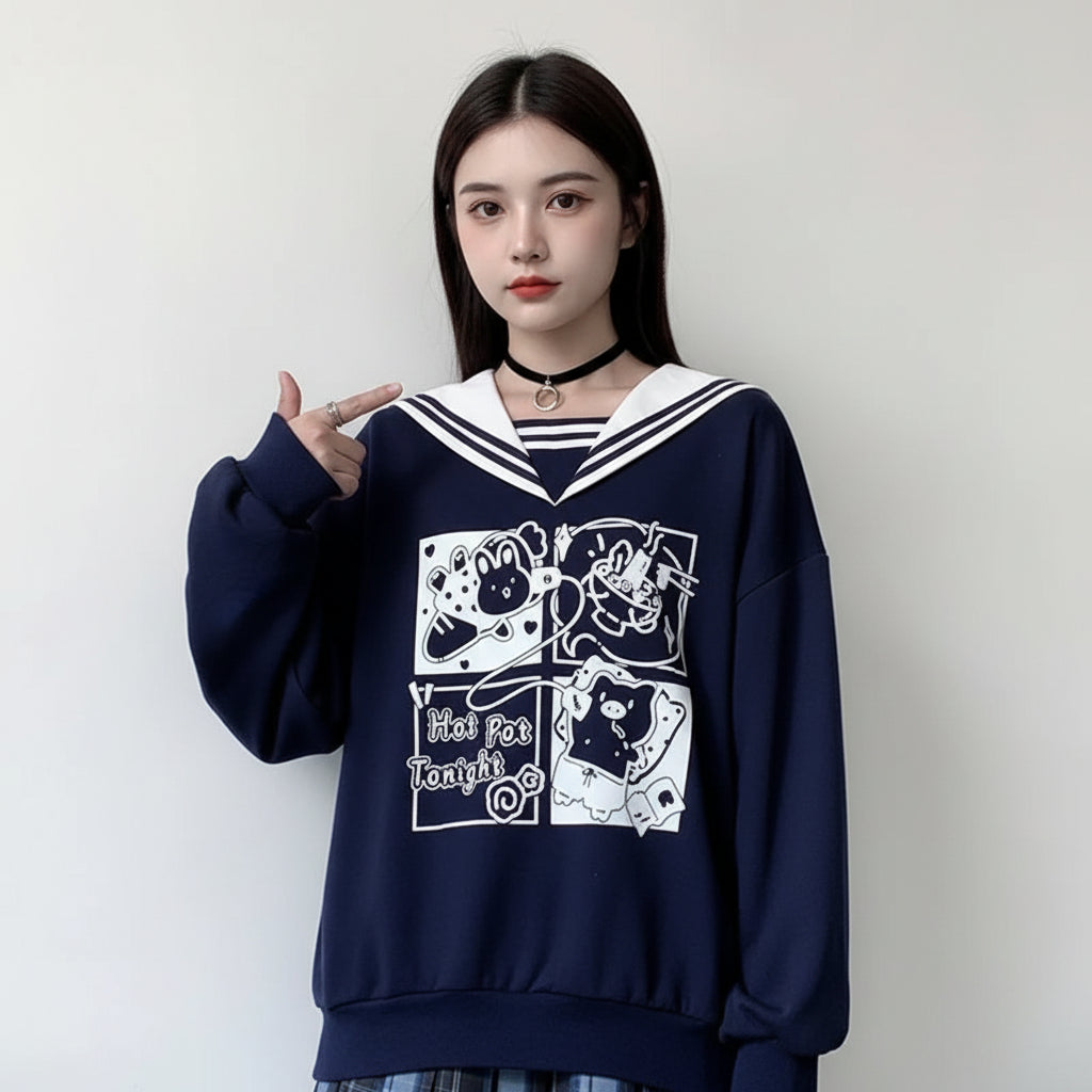 Navy Japanese preppy style casual sweatshirt with sailor collar and cartoon graphic print