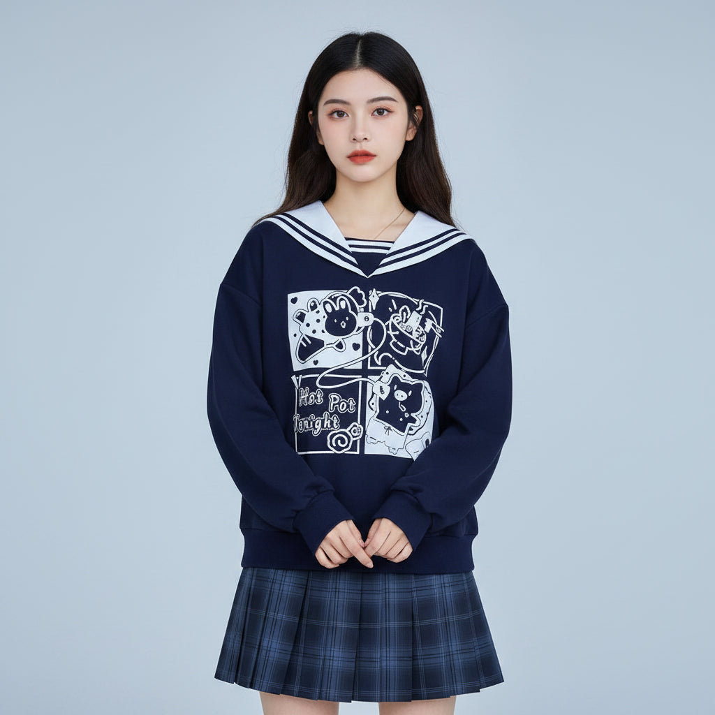 Japanese preppy style casual sweatshirt in navy with cartoon graphic and sailor collar design