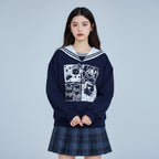 Japanese preppy style casual sweatshirt in navy with cartoon graphic and sailor collar design