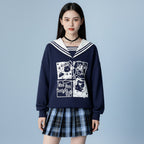 Japanese preppy style casual sweatshirt in navy with white sailor collar and cute cartoon print