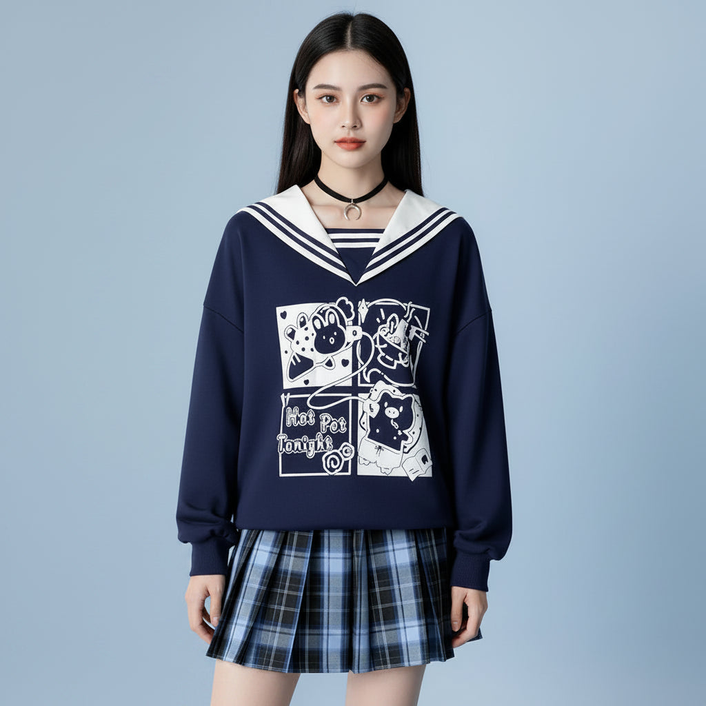 Japanese preppy style casual sweatshirt in navy with white sailor collar and cute cartoon print