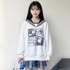 Japanese preppy style casual sweatshirt with navy sailor collar and cute cartoon print from Vusy Kawai Shop