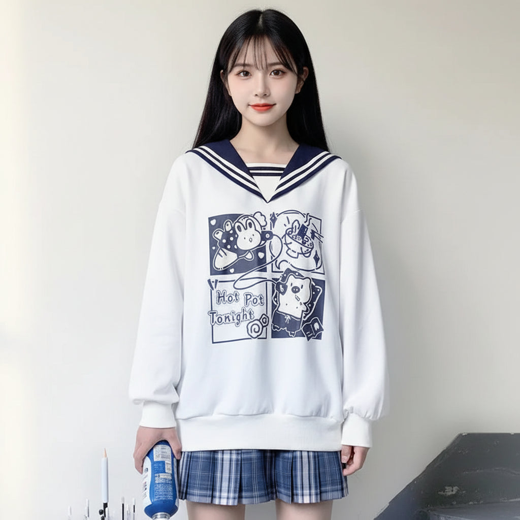 Japanese preppy style casual sweatshirt with navy sailor collar and cute cartoon print from Vusy Kawai Shop