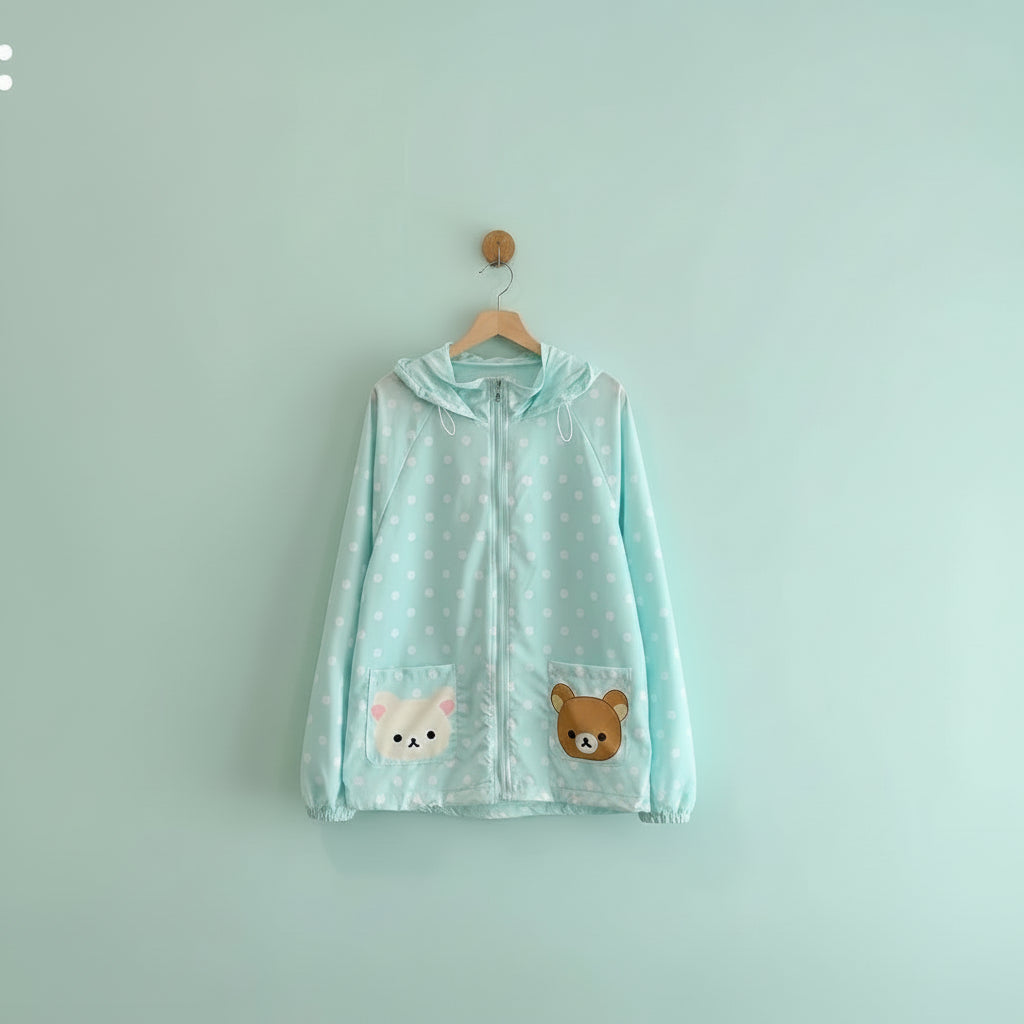 Light blue japanese style cartoon print coat with white polka dots and cute bear faces on front pockets