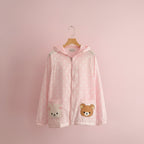 Pink japanese style cartoon print coat with front zipper and cute bear and cat face pockets