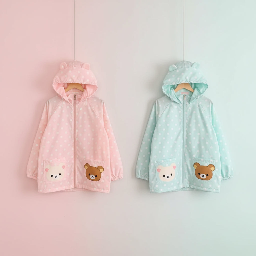 Pink and blue japanese style cartoon print coat with bear ears hood and cute bear face pockets