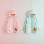 Pink and blue japanese style cartoon print coat with bear ears hood and cute bear face pockets