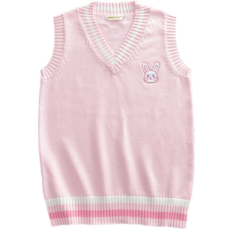 Pink Japanese style rabbit knit vest with V-neck and cute embroidered bunny design