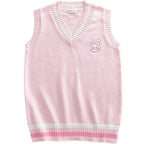 Pink Japanese style rabbit knit vest with V-neck and cute embroidered bunny design