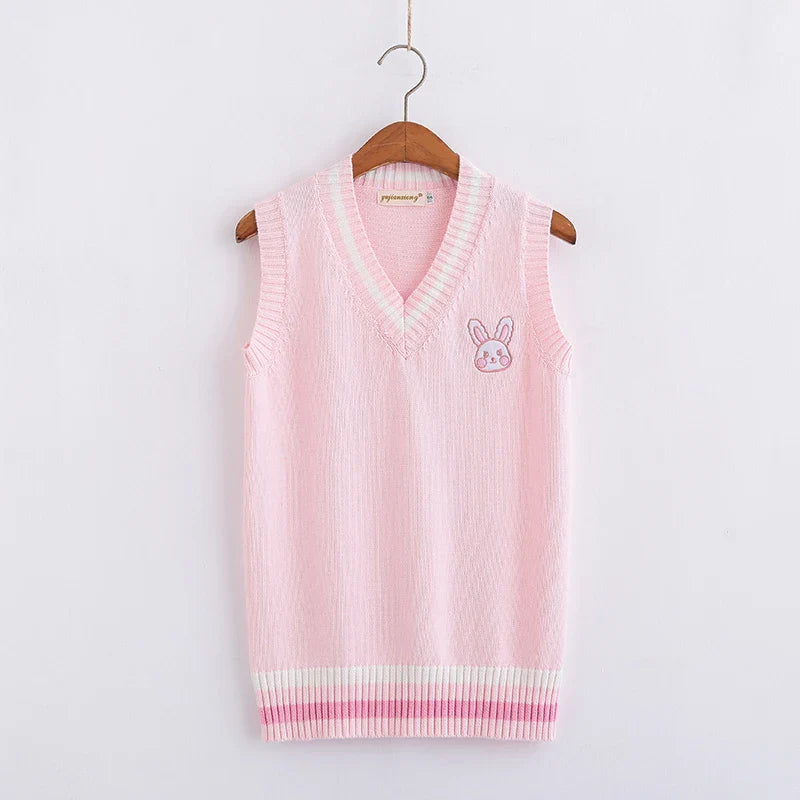 Pink Japanese style rabbit knit vest with V-neck and embroidered bunny design on chest