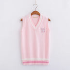 Pink Japanese style rabbit knit vest with V-neck and white striped hem from Vusy Kawai Shop