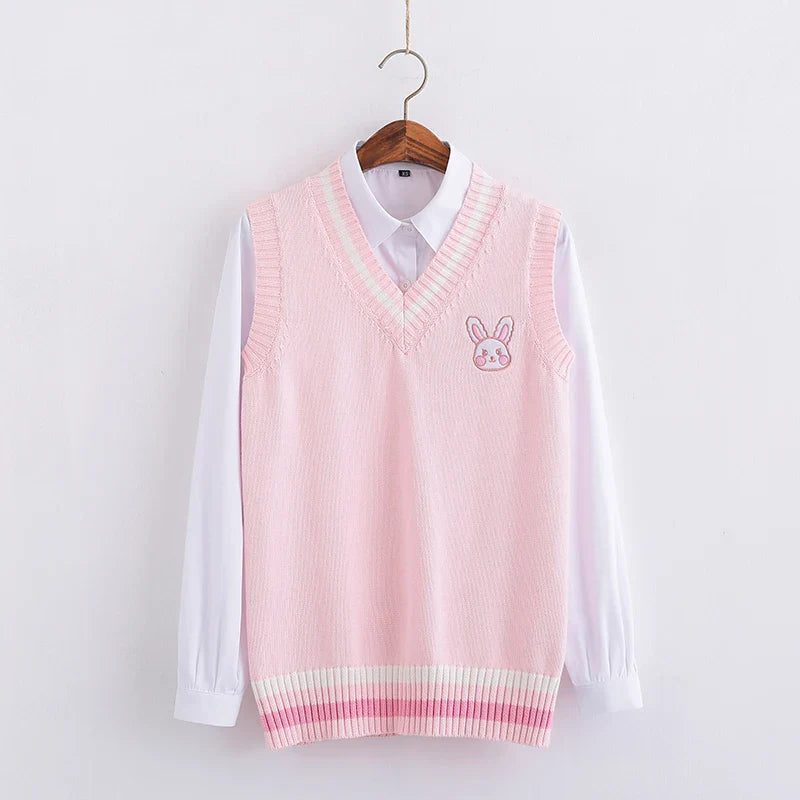 Pink Japanese style rabbit knit vest with V-neck and white shirt background by Vusy Kawai Shop