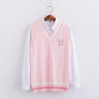 Pink Japanese style rabbit knit vest with V-neck and white shirt background by Vusy Kawai Shop
